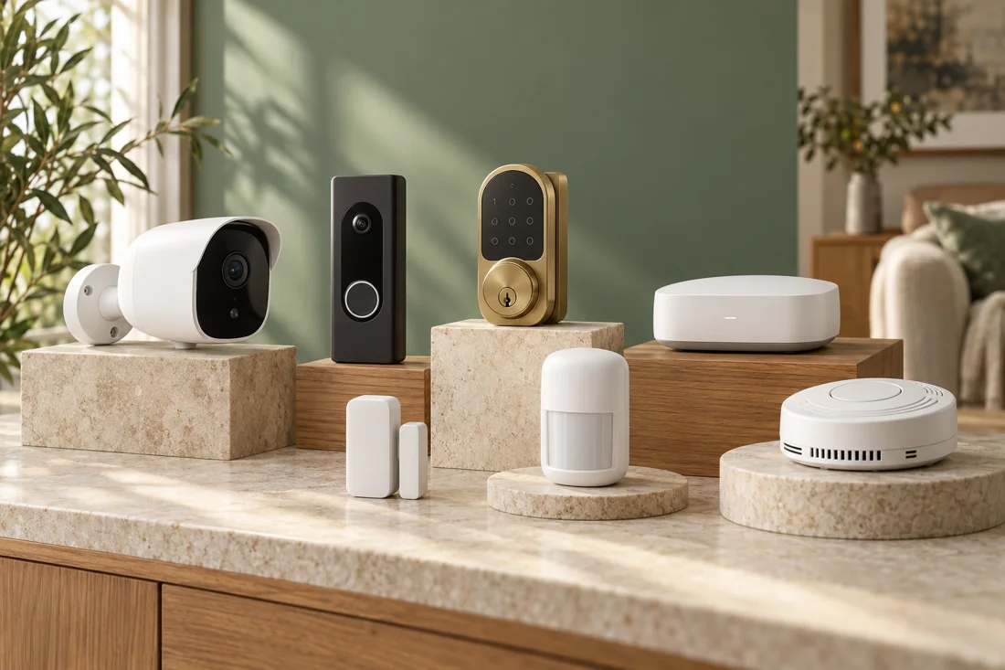 AI-created illustration of home security cameras, locks and sensors
