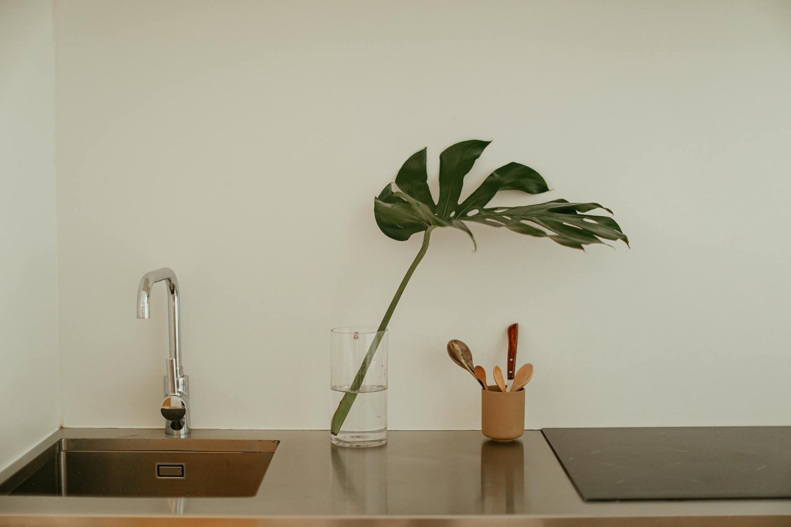 Sleek kitchen design featuring a monstera leaf in a glass vase and a stainless steel sink.